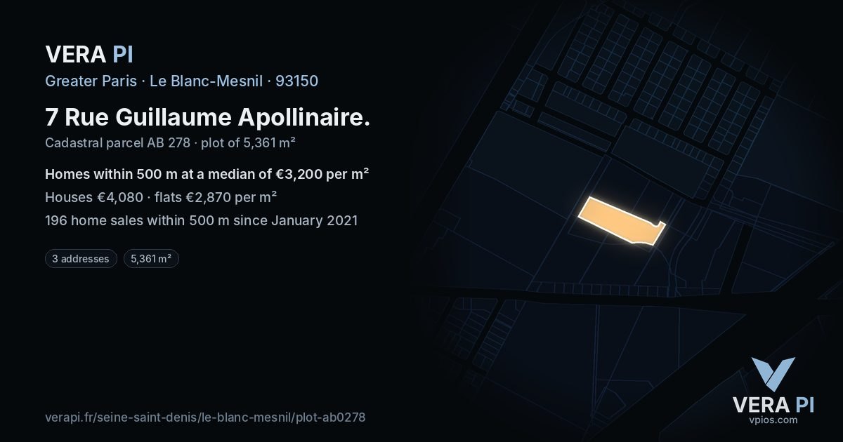 7 Rue Guillaume Apollinaire, Le Blanc-Mesnil at night – the plot lit, the parcels around coloured by the prices near them