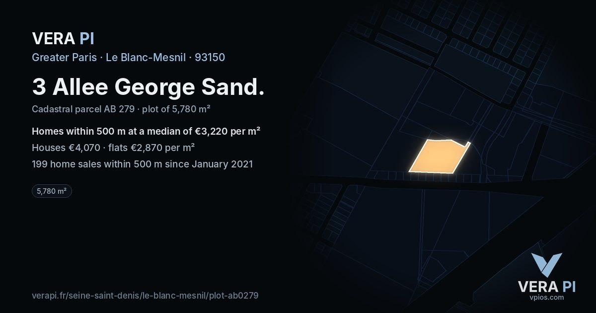 3 Allee George Sand, Le Blanc-Mesnil at night – the plot lit, the parcels around coloured by the prices near them