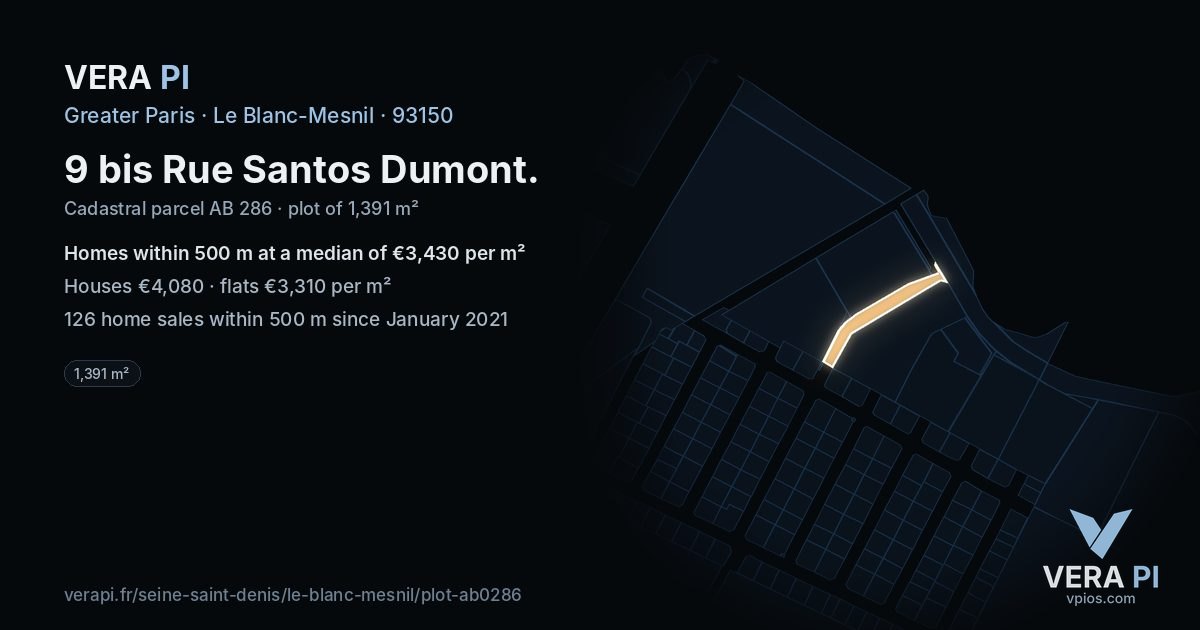 9 bis Rue Santos Dumont, Le Blanc-Mesnil at night – the plot lit, the parcels around coloured by the prices near them