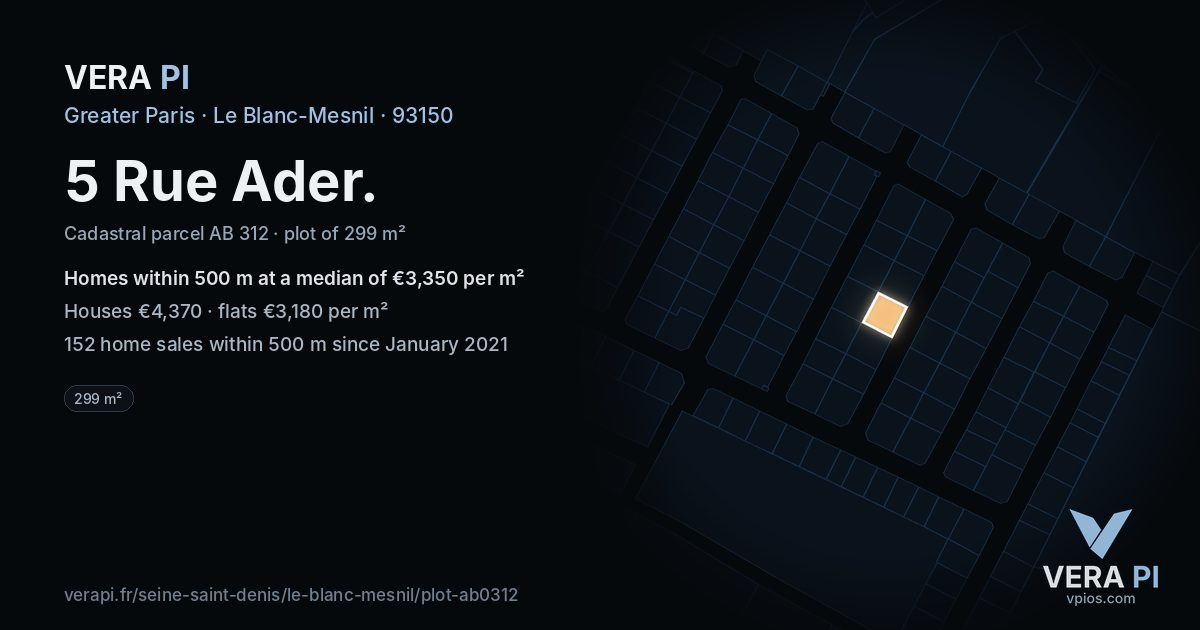 5 Rue Ader, Le Blanc-Mesnil at night – the plot lit, the parcels around coloured by the prices near them