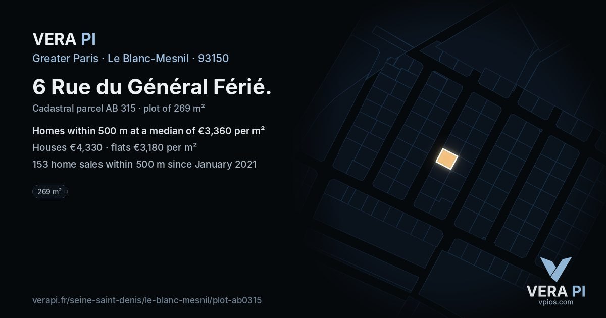 6 Rue du Général Férié, Le Blanc-Mesnil at night – the plot lit, the parcels around coloured by the prices near them