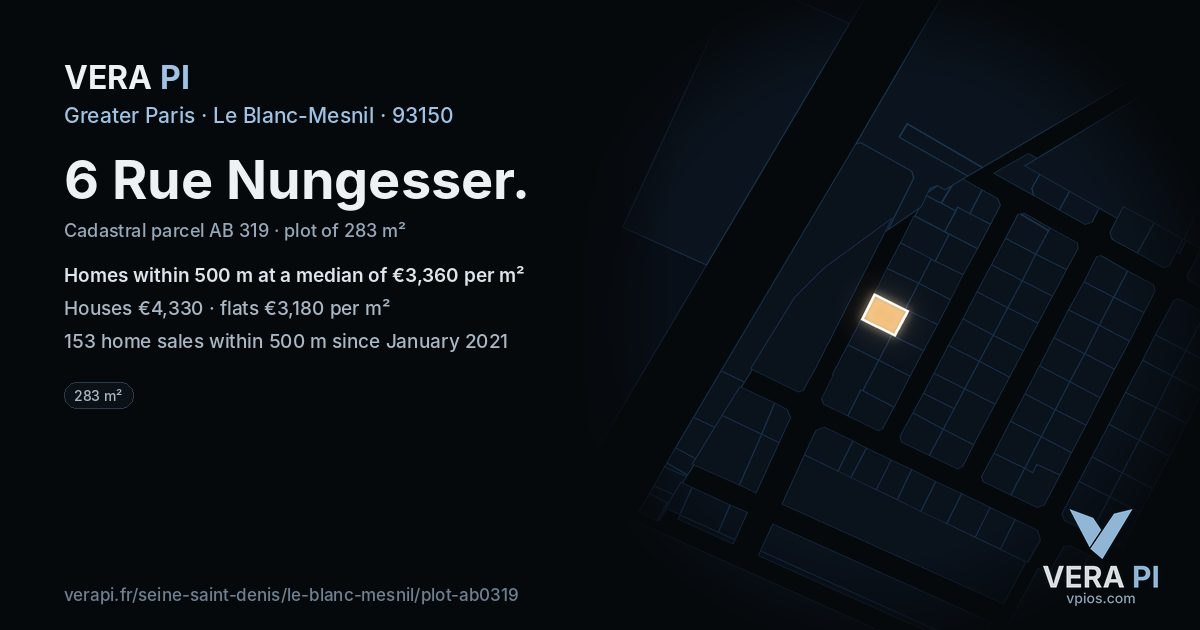 6 Rue Nungesser, Le Blanc-Mesnil at night – the plot lit, the parcels around coloured by the prices near them