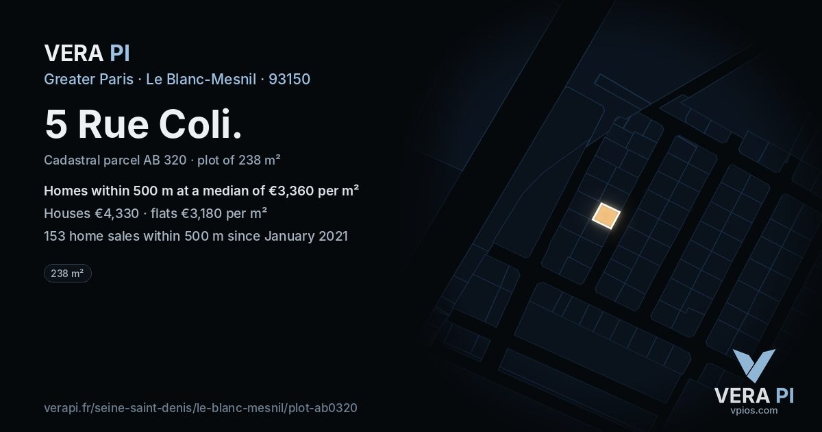 5 Rue Coli, Le Blanc-Mesnil at night – the plot lit, the parcels around coloured by the prices near them