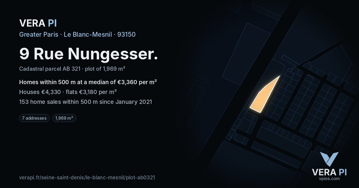 9 Rue Nungesser, Le Blanc-Mesnil at night – the plot lit, the parcels around coloured by the prices near them