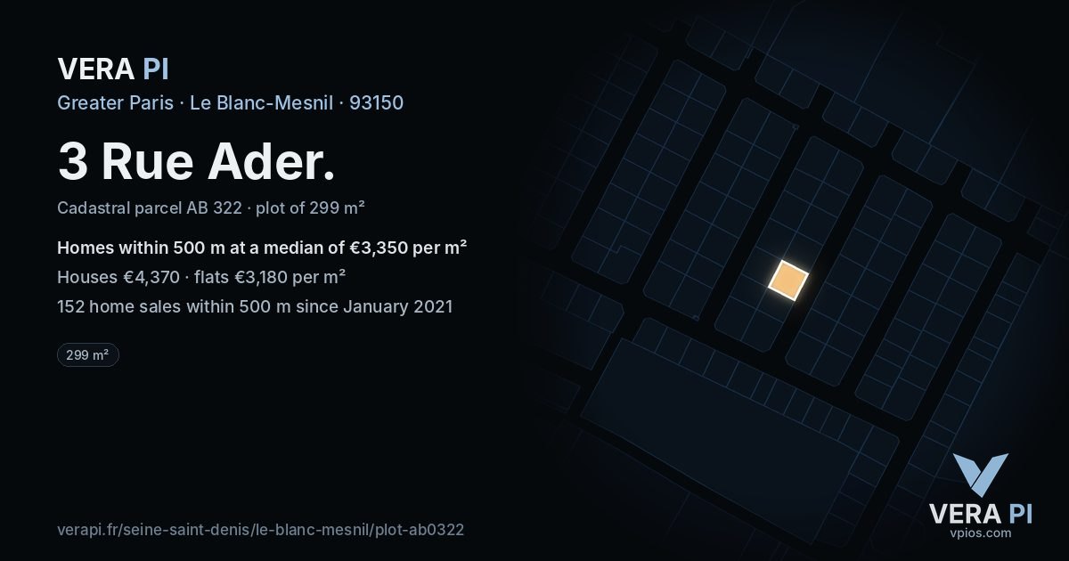3 Rue Ader, Le Blanc-Mesnil at night – the plot lit, the parcels around coloured by the prices near them