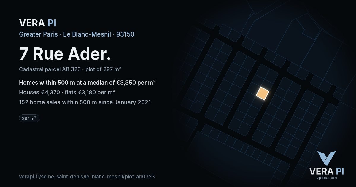 7 Rue Ader, Le Blanc-Mesnil at night – the plot lit, the parcels around coloured by the prices near them