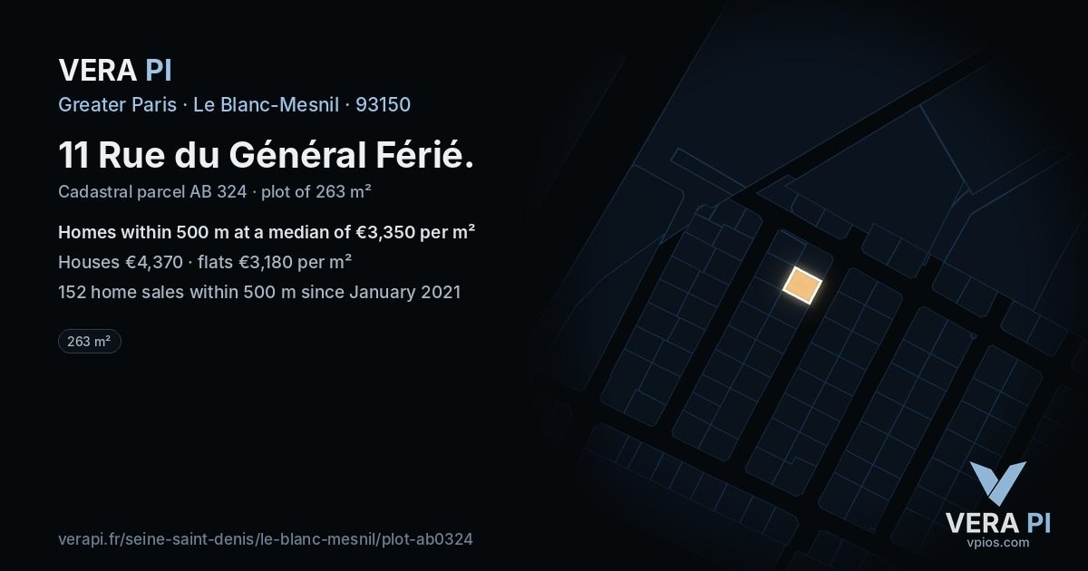 11 Rue du Général Férié, Le Blanc-Mesnil at night – the plot lit, the parcels around coloured by the prices near them