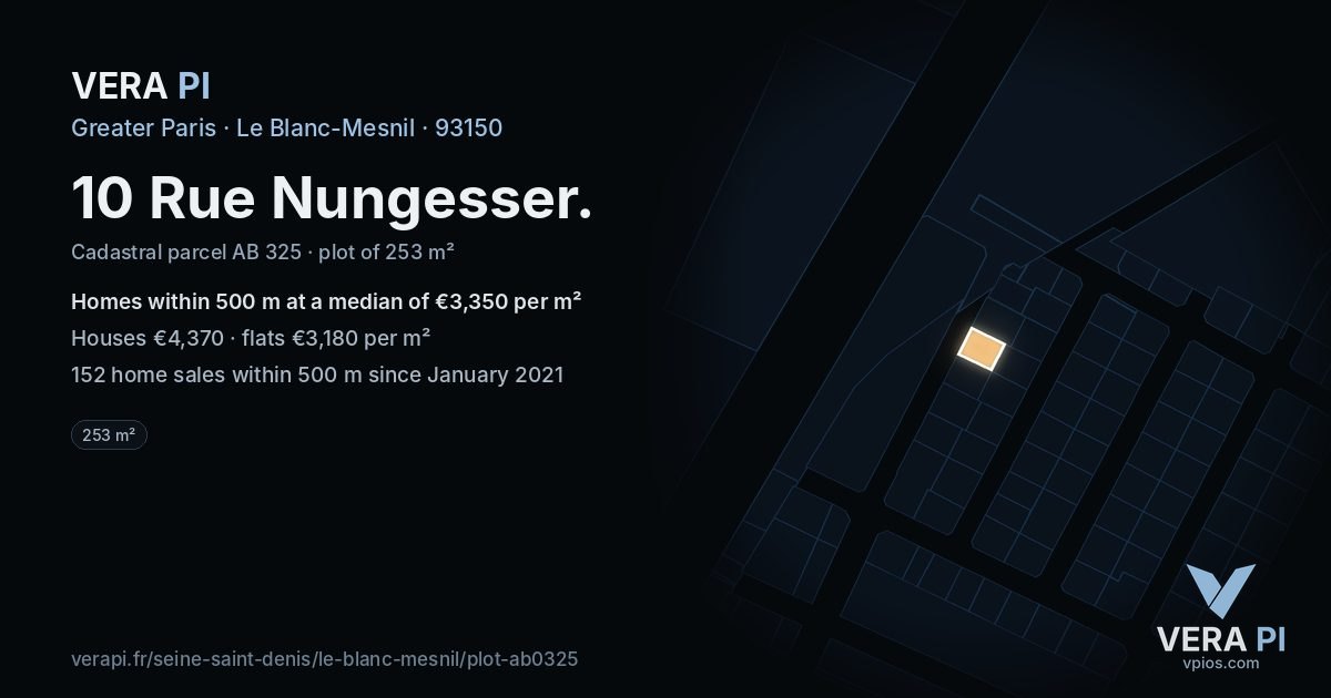 10 Rue Nungesser, Le Blanc-Mesnil at night – the plot lit, the parcels around coloured by the prices near them