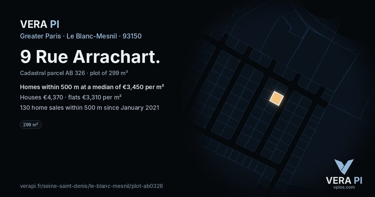 9 Rue Arrachart, Le Blanc-Mesnil at night – the plot lit, the parcels around coloured by the prices near them