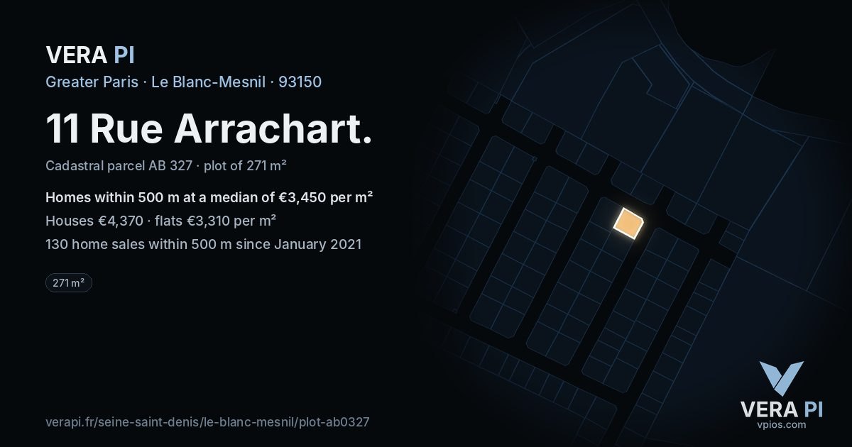11 Rue Arrachart, Le Blanc-Mesnil at night – the plot lit, the parcels around coloured by the prices near them