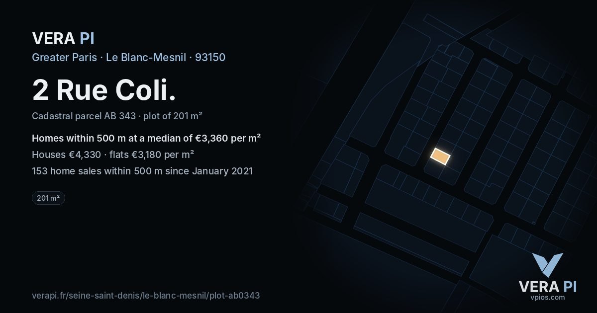 2 Rue Coli, Le Blanc-Mesnil at night – the plot lit, the parcels around coloured by the prices near them