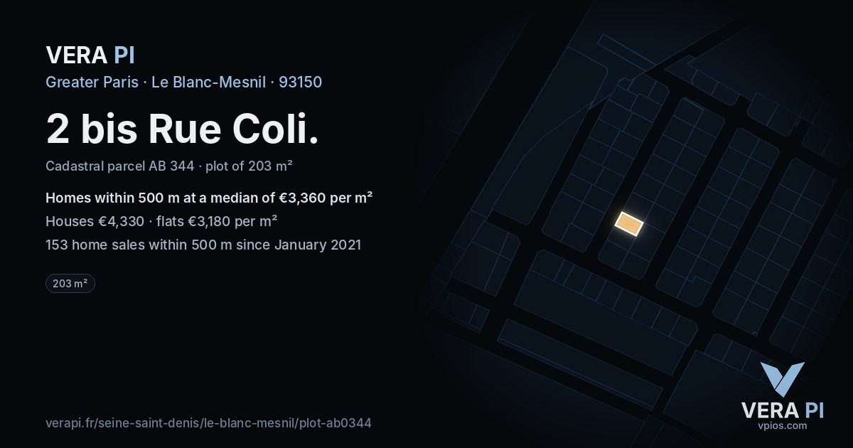 2 bis Rue Coli, Le Blanc-Mesnil at night – the plot lit, the parcels around coloured by the prices near them