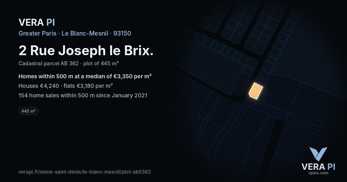 2 Rue Joseph le Brix, Le Blanc-Mesnil at night – the plot lit, the parcels around coloured by the prices near them