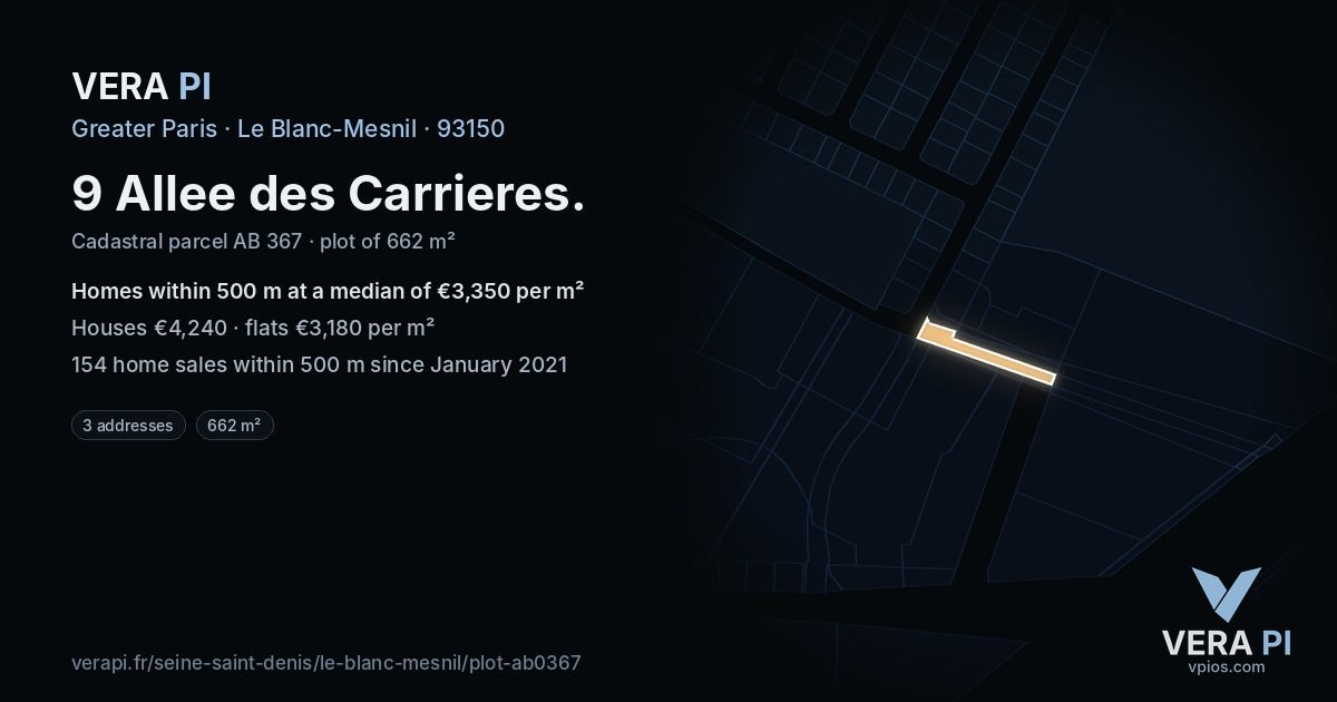 9 Allee des Carrieres, Le Blanc-Mesnil at night – the plot lit, the parcels around coloured by the prices near them