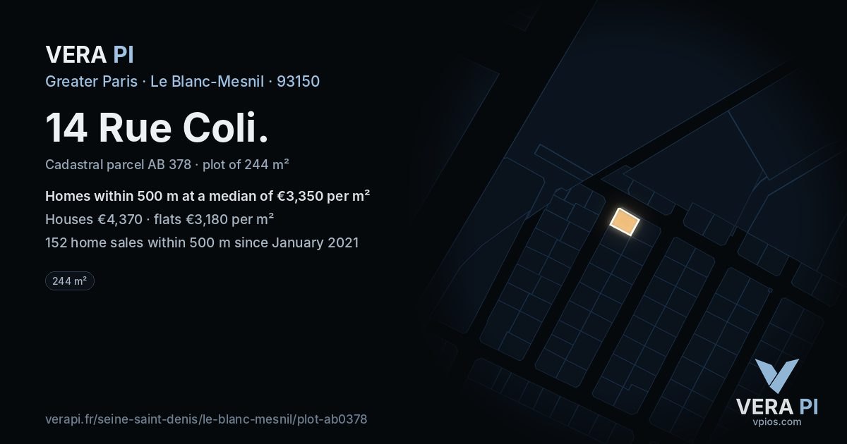 14 Rue Coli, Le Blanc-Mesnil at night – the plot lit, the parcels around coloured by the prices near them