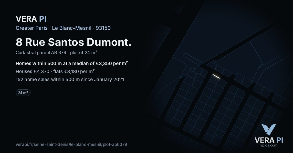 8 Rue Santos Dumont, Le Blanc-Mesnil at night – the plot lit, the parcels around coloured by the prices near them
