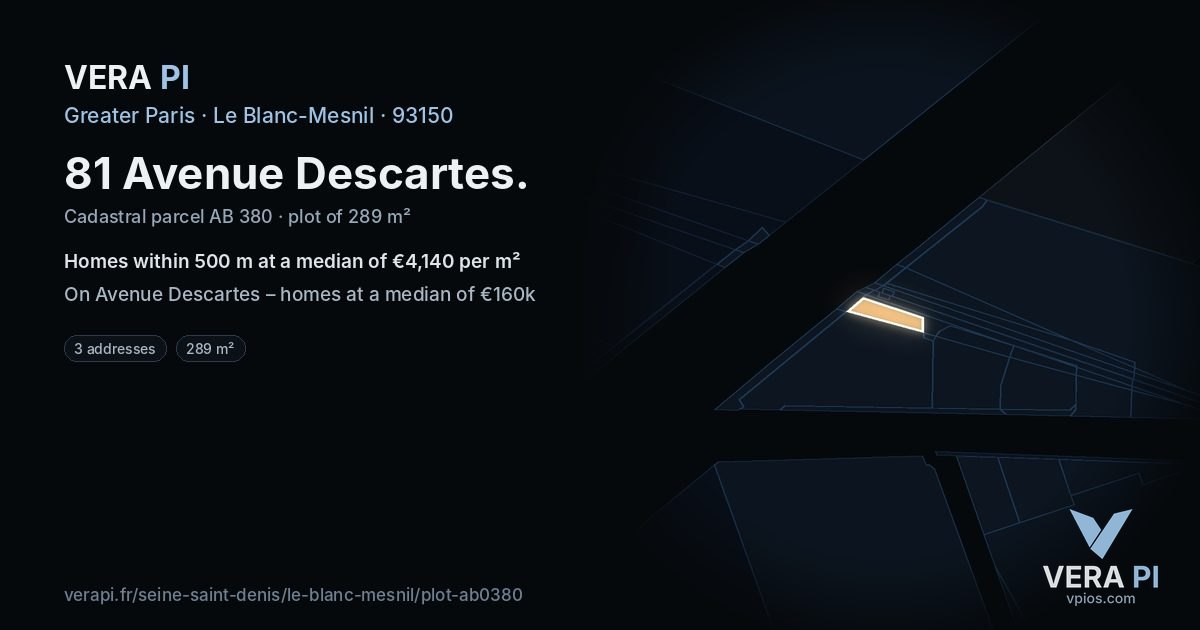 81 Avenue Descartes, Le Blanc-Mesnil at night – the plot lit, the parcels around coloured by the prices near them