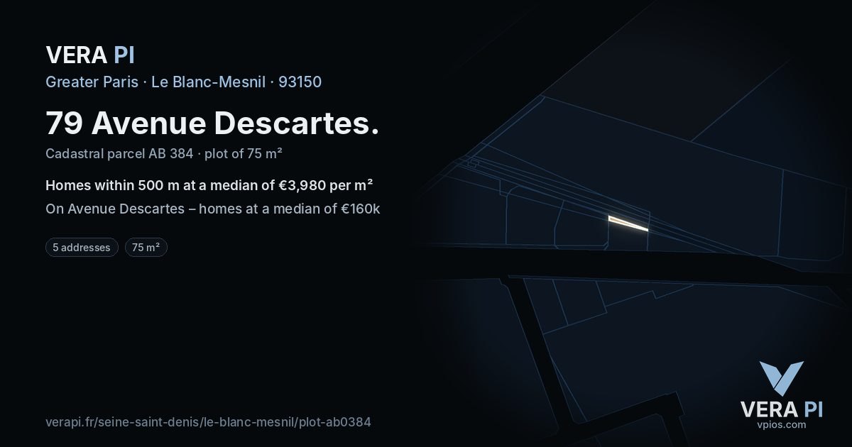 79 Avenue Descartes, Le Blanc-Mesnil at night – the plot lit, the parcels around coloured by the prices near them