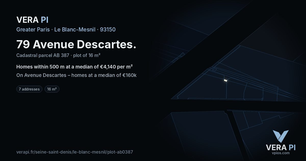 79 Avenue Descartes, Le Blanc-Mesnil at night – the plot lit, the parcels around coloured by the prices near them