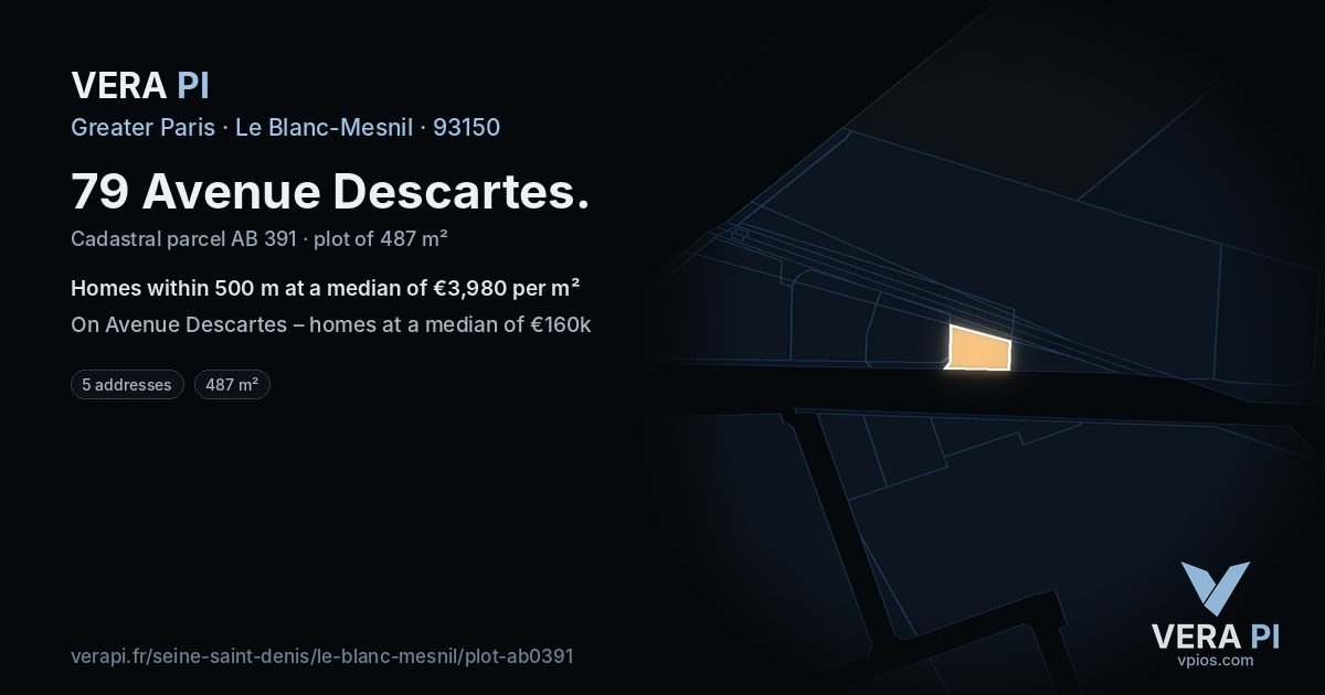 79 Avenue Descartes, Le Blanc-Mesnil at night – the plot lit, the parcels around coloured by the prices near them