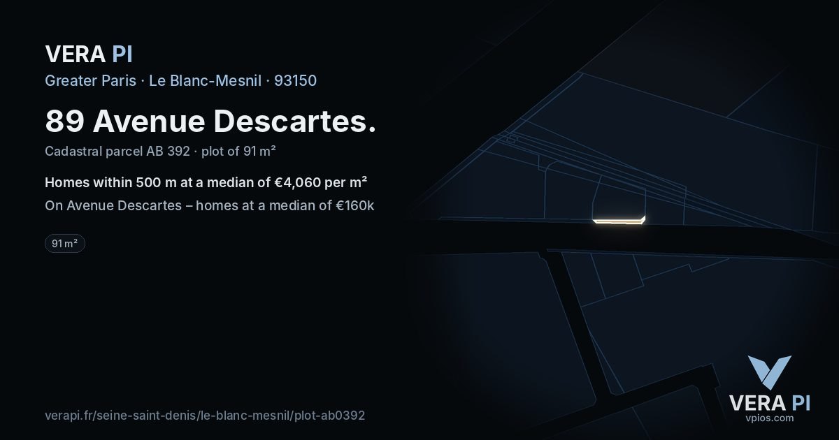 89 Avenue Descartes, Le Blanc-Mesnil at night – the plot lit, the parcels around coloured by the prices near them