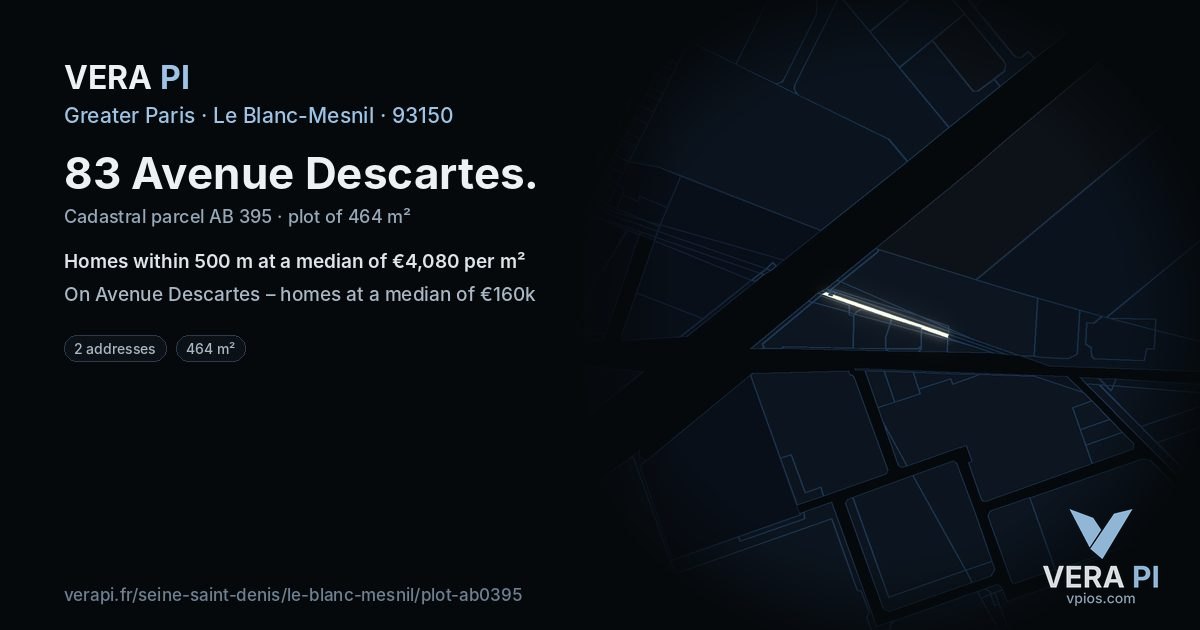 83 Avenue Descartes, Le Blanc-Mesnil at night – the plot lit, the parcels around coloured by the prices near them