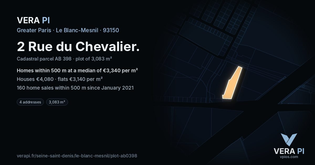 2 Rue du Chevalier, Le Blanc-Mesnil at night – the plot lit, the parcels around coloured by the prices near them
