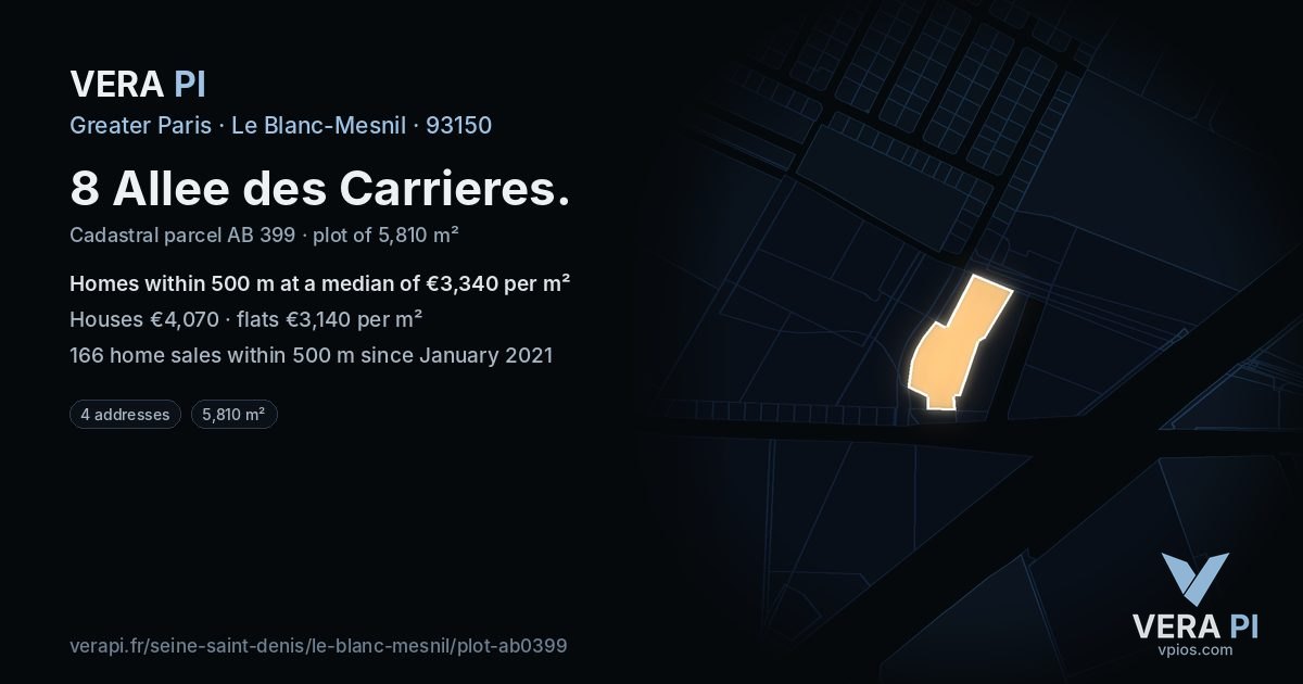 8 Allee des Carrieres, Le Blanc-Mesnil at night – the plot lit, the parcels around coloured by the prices near them