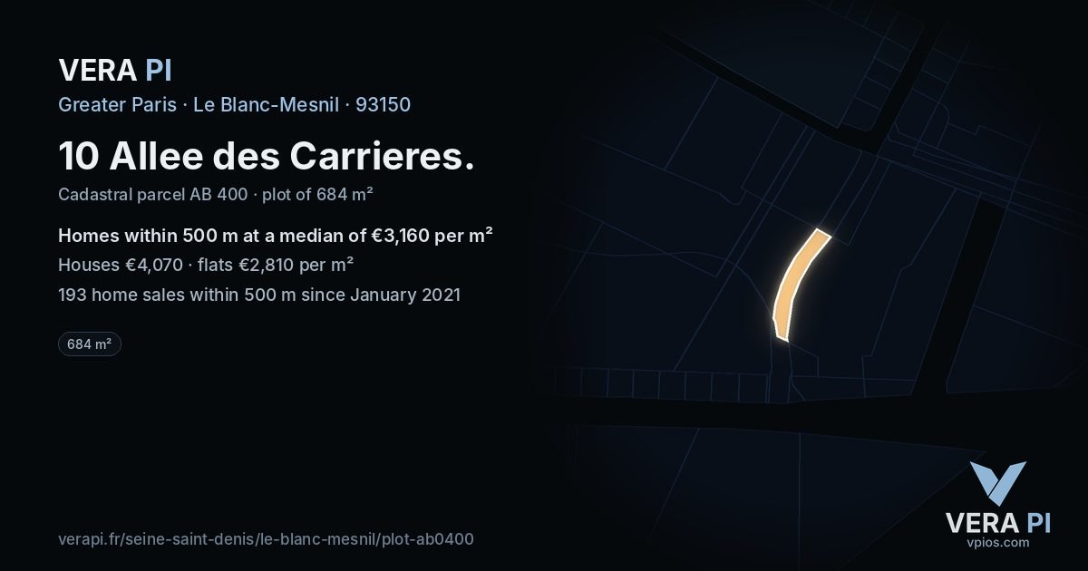 10 Allee des Carrieres, Le Blanc-Mesnil at night – the plot lit, the parcels around coloured by the prices near them