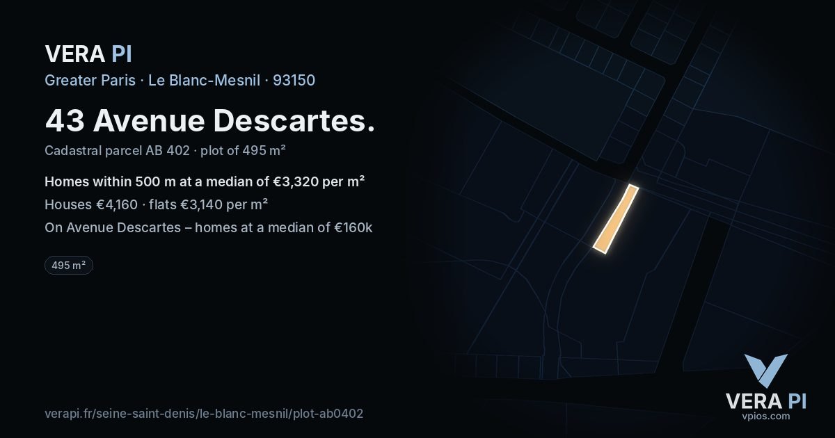 43 Avenue Descartes, Le Blanc-Mesnil at night – the plot lit, the parcels around coloured by the prices near them