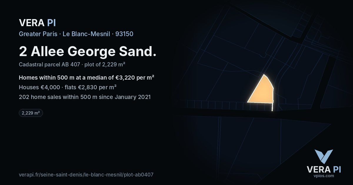 2 Allee George Sand, Le Blanc-Mesnil at night – the plot lit, the parcels around coloured by the prices near them