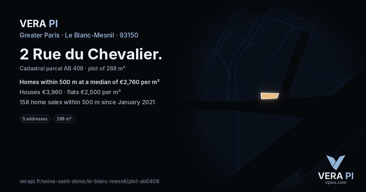 2 Rue du Chevalier, Le Blanc-Mesnil at night – the plot lit, the parcels around coloured by the prices near them
