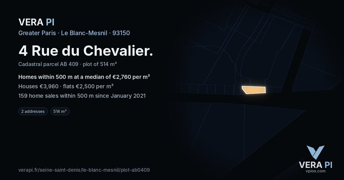 4 Rue du Chevalier, Le Blanc-Mesnil at night – the plot lit, the parcels around coloured by the prices near them