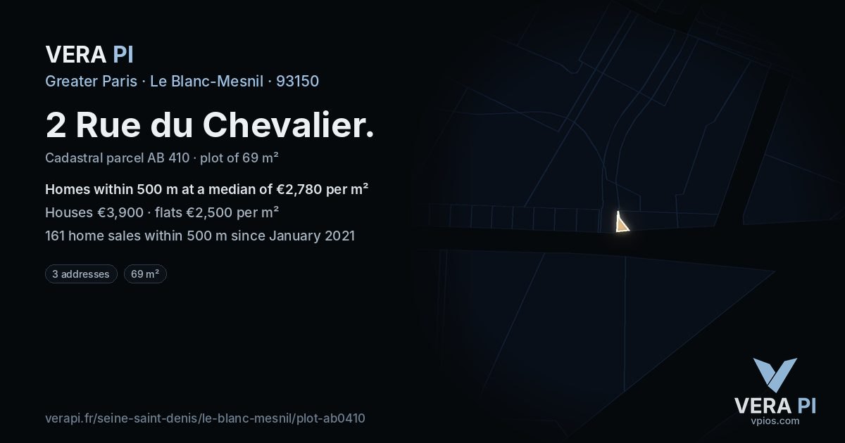 2 Rue du Chevalier, Le Blanc-Mesnil at night – the plot lit, the parcels around coloured by the prices near them