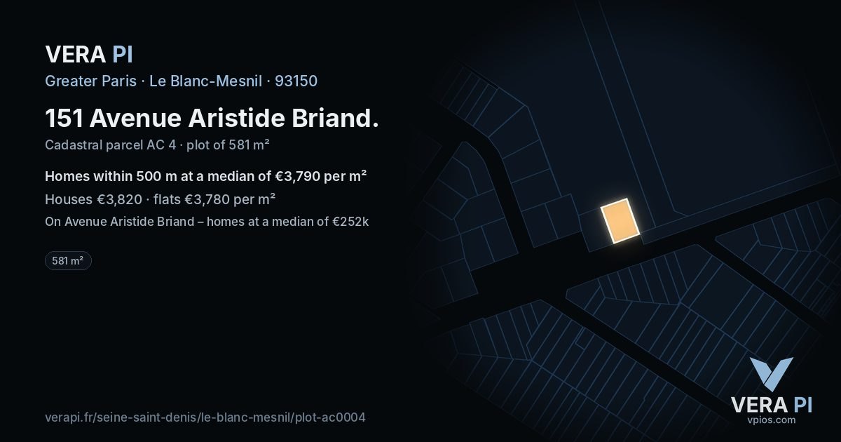 151 Avenue Aristide Briand, Le Blanc-Mesnil at night – the plot lit, the parcels around coloured by the prices near them