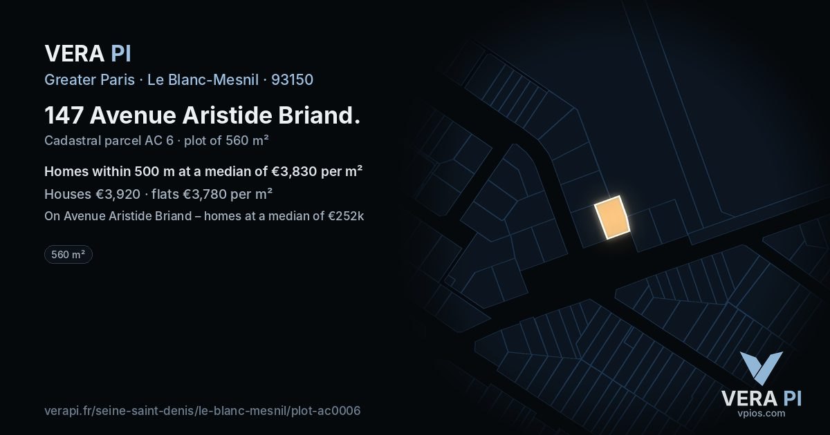 147 Avenue Aristide Briand, Le Blanc-Mesnil at night – the plot lit, the parcels around coloured by the prices near them
