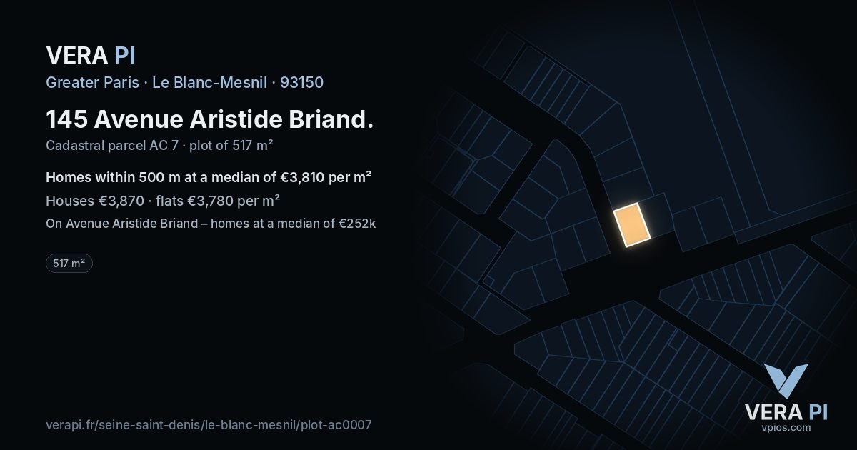145 Avenue Aristide Briand, Le Blanc-Mesnil at night – the plot lit, the parcels around coloured by the prices near them