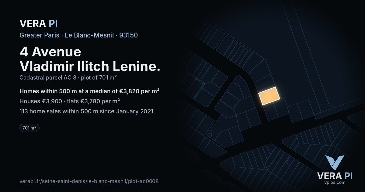 4 Avenue Vladimir Ilitch Lenine, Le Blanc-Mesnil at night – the plot lit, the parcels around coloured by the prices near them