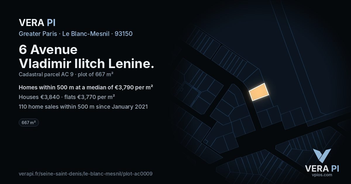 6 Avenue Vladimir Ilitch Lenine, Le Blanc-Mesnil at night – the plot lit, the parcels around coloured by the prices near them