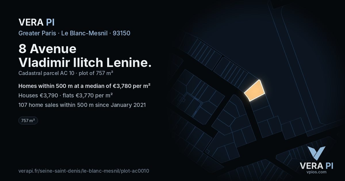 8 Avenue Vladimir Ilitch Lenine, Le Blanc-Mesnil at night – the plot lit, the parcels around coloured by the prices near them