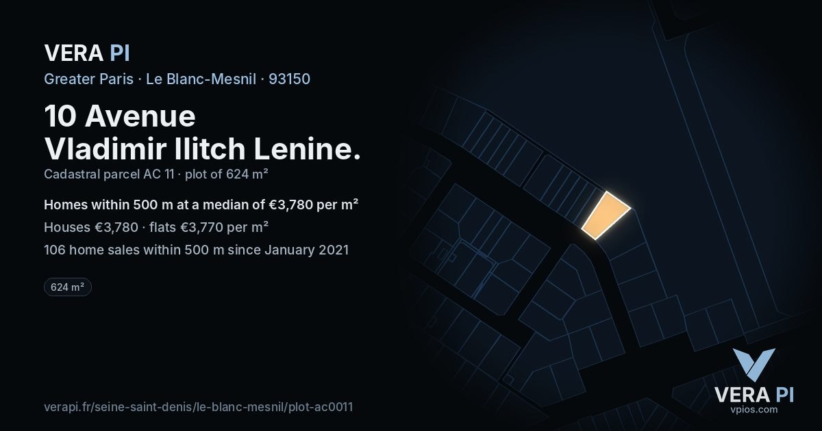 10 Avenue Vladimir Ilitch Lenine, Le Blanc-Mesnil at night – the plot lit, the parcels around coloured by the prices near them