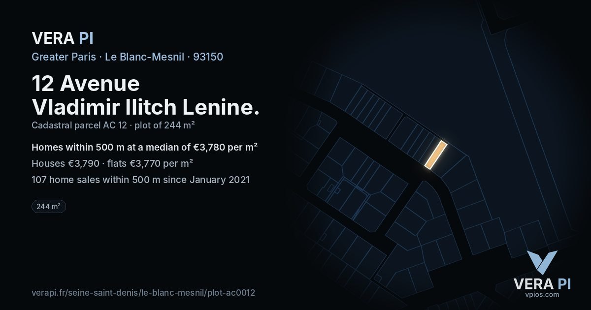 12 Avenue Vladimir Ilitch Lenine, Le Blanc-Mesnil at night – the plot lit, the parcels around coloured by the prices near them