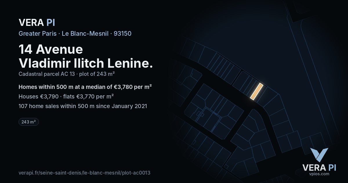14 Avenue Vladimir Ilitch Lenine, Le Blanc-Mesnil at night – the plot lit, the parcels around coloured by the prices near them