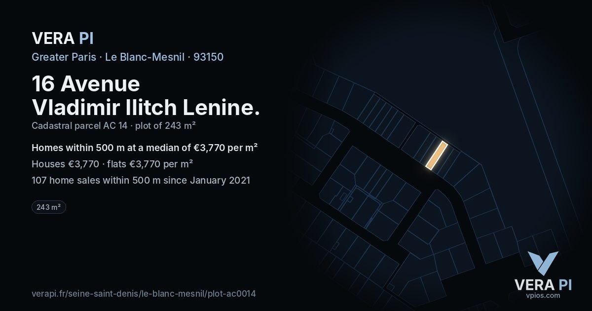 16 Avenue Vladimir Ilitch Lenine, Le Blanc-Mesnil at night – the plot lit, the parcels around coloured by the prices near them
