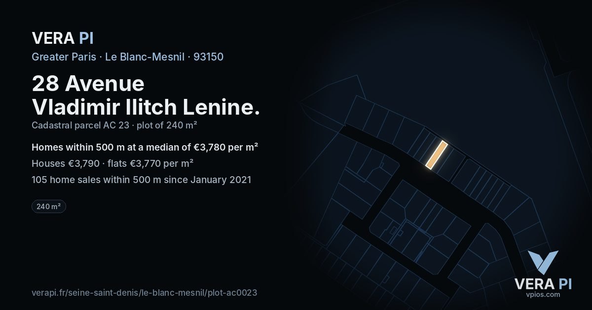 28 Avenue Vladimir Ilitch Lenine, Le Blanc-Mesnil at night – the plot lit, the parcels around coloured by the prices near them