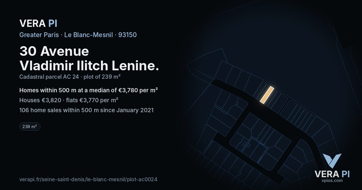 30 Avenue Vladimir Ilitch Lenine, Le Blanc-Mesnil at night – the plot lit, the parcels around coloured by the prices near them