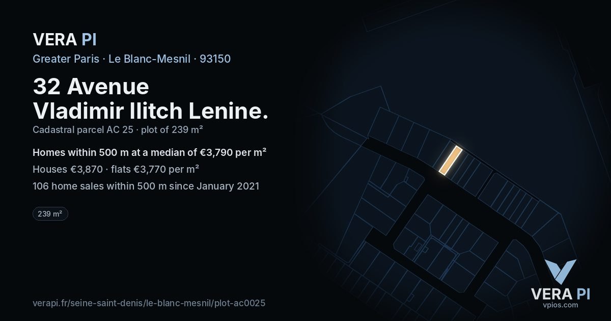 32 Avenue Vladimir Ilitch Lenine, Le Blanc-Mesnil at night – the plot lit, the parcels around coloured by the prices near them
