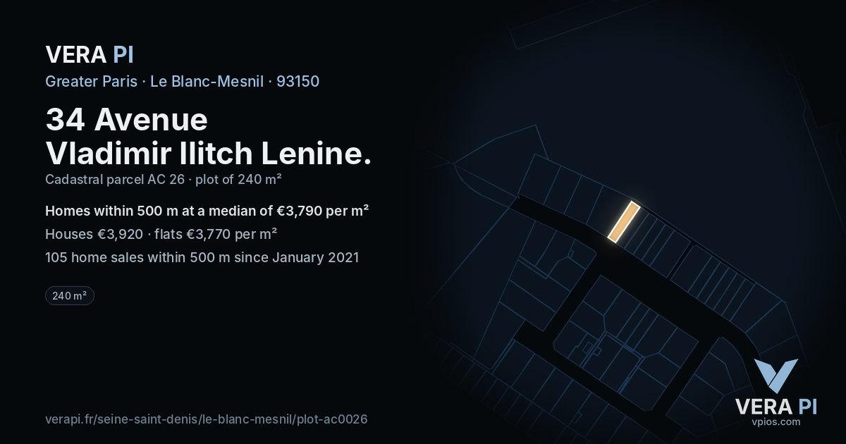 34 Avenue Vladimir Ilitch Lenine, Le Blanc-Mesnil at night – the plot lit, the parcels around coloured by the prices near them