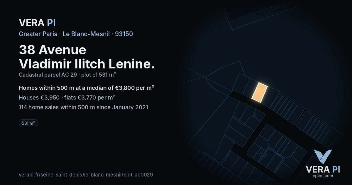 38 Avenue Vladimir Ilitch Lenine, Le Blanc-Mesnil at night – the plot lit, the parcels around coloured by the prices near them
