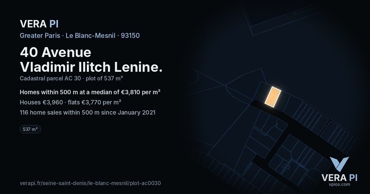 40 Avenue Vladimir Ilitch Lenine, Le Blanc-Mesnil at night – the plot lit, the parcels around coloured by the prices near them